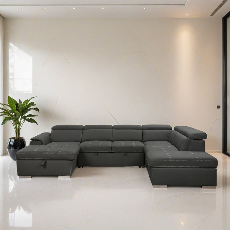 128.01" U Shaped Sleeper Sectional Sofa Bed, Modular Sofa 7 Seater Couch with Storage Seat, Gray Polyester