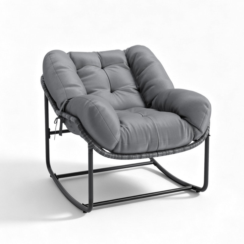 Fauteuil à bascule Papasan d'extérieur avec coussin moelleux, chaise berçante en osier en forme d'œuf pour terrasse, véranda, jardin, structure renforcée résistante aux intempéries