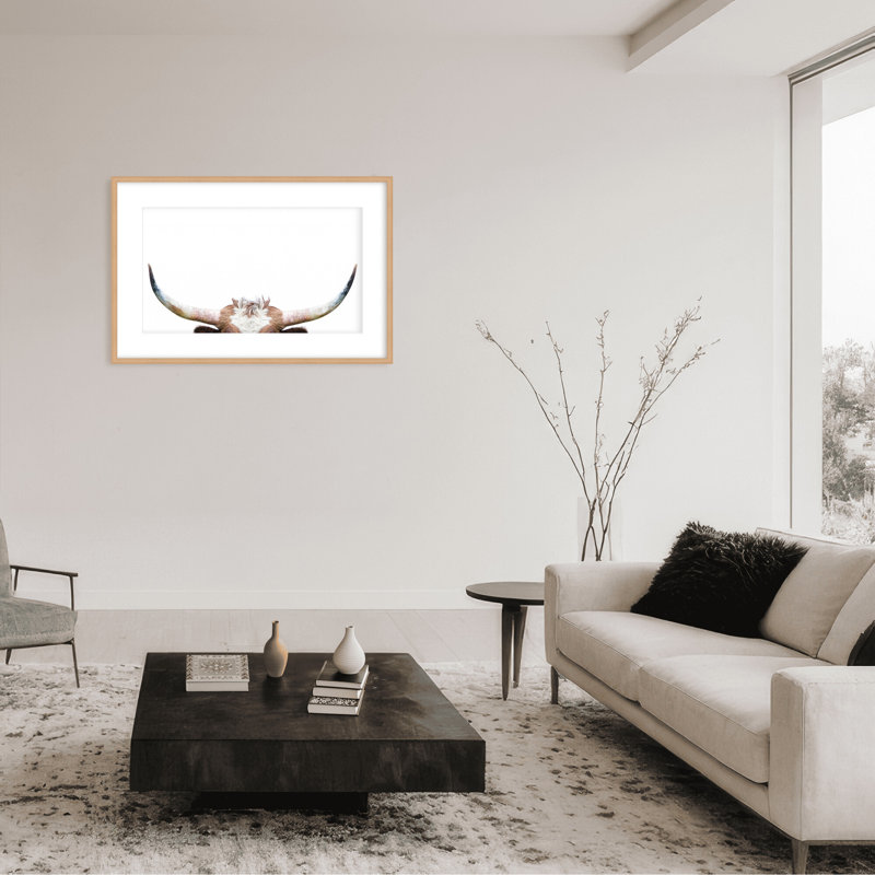 Nature Inspired Peeking Longhorn Cow by  - Picture Frame Photograph on Paper, 16" H x 24" W x 1.125" D, Black