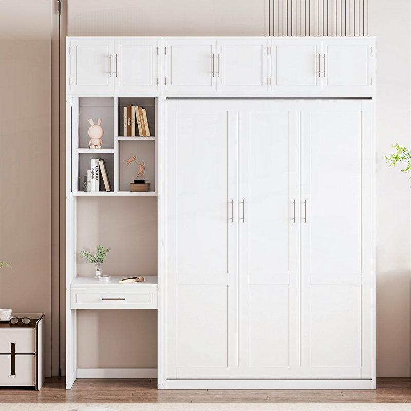 Lit escamotable polyvalent peu encombrant avec rangement et bureau intégrés, Double, Blanc