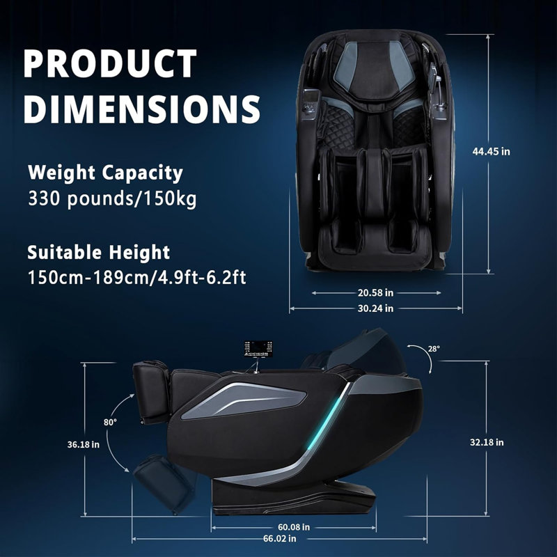 Fauteuil de massage chauffant en similicuir pour tout le corps avec application, commande vocale et recharge sans fil, Noir