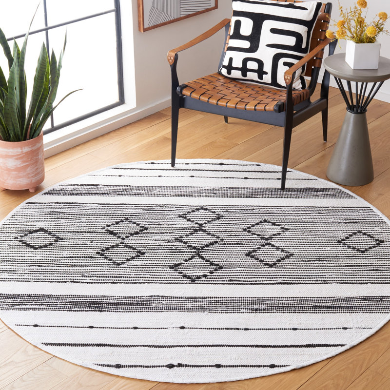Tapis rayé kilim ivoire / noir STK203A, Rond 6 pi