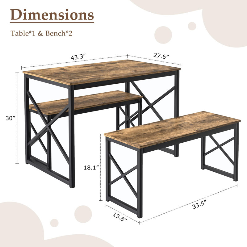 Ensemble de table de salle à manger en bois robuste 43,3 "avec 2 bancs pour 4, Brun, Noir, Brun