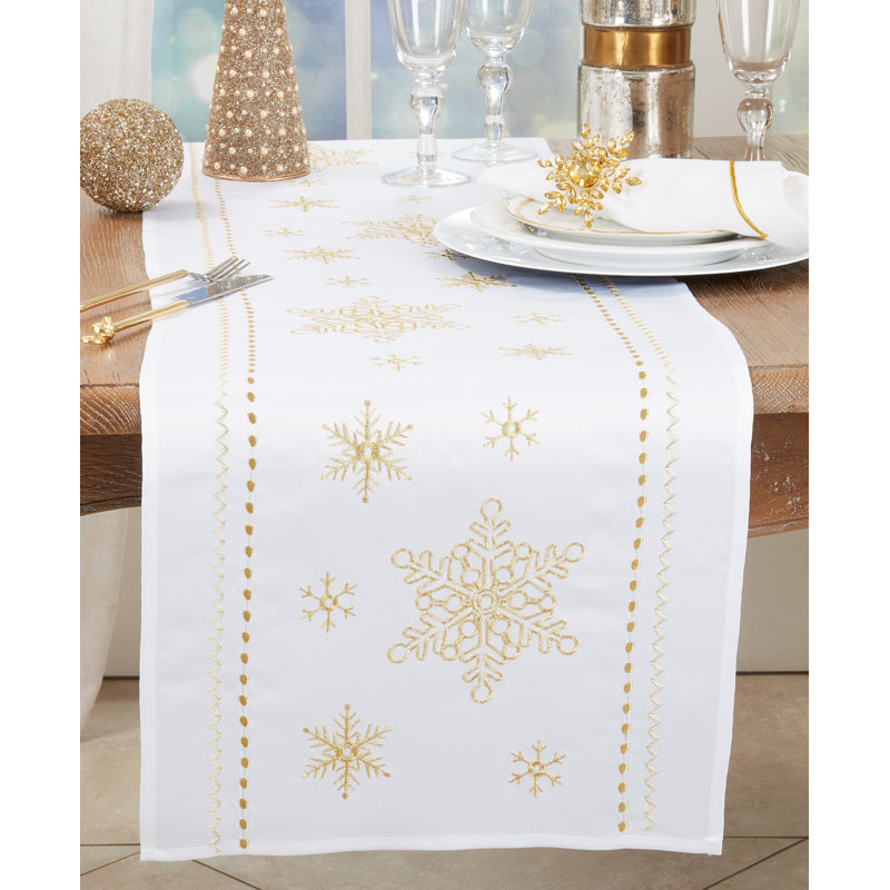 White and Gold Snowflake Embroidered Polyester Table Runner