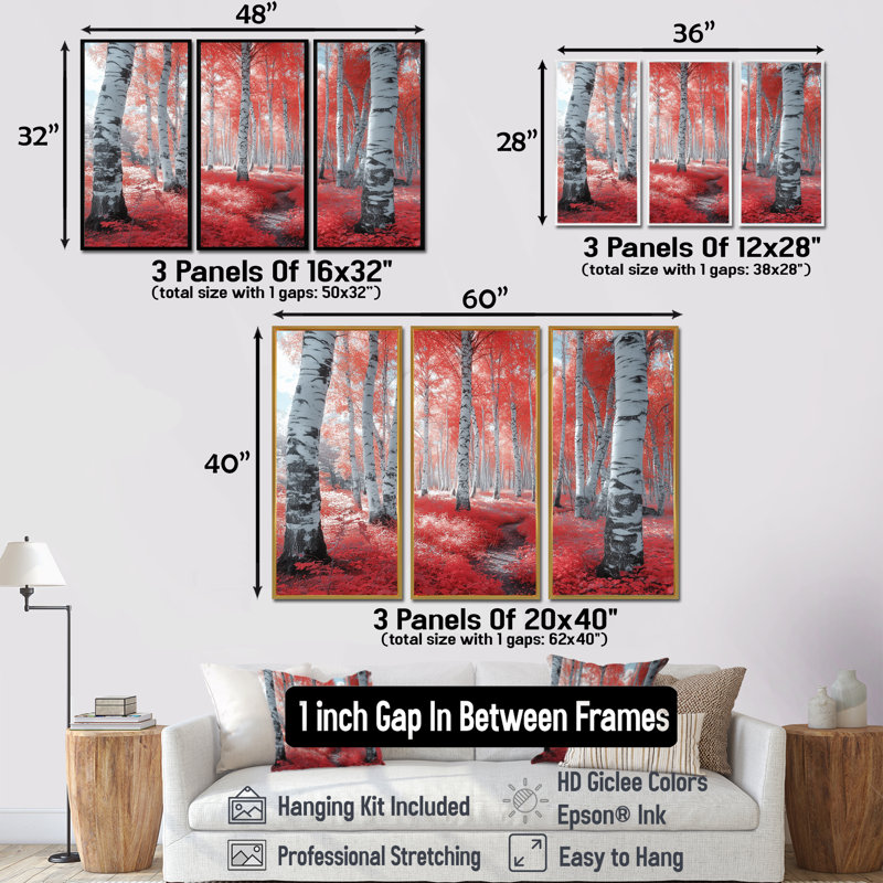 Ensemble de salon art mural forêt rouge Panorama, Toile avec cadre flottant brun, H 40 po x l 60 po x P 1 po