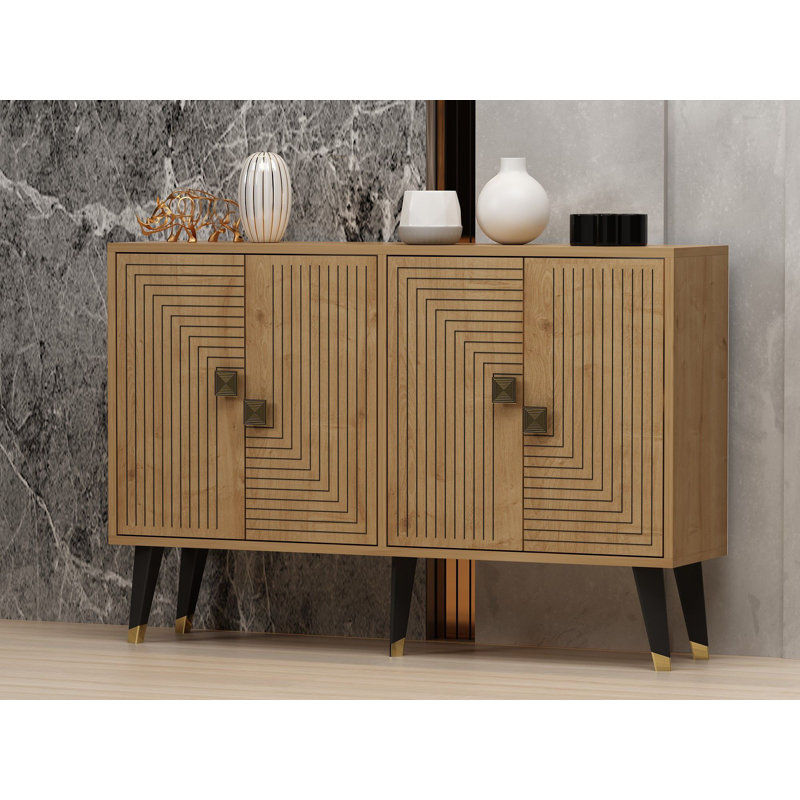 Modern Console Table, Sapphire Oak & Gold, 47.2 x 31.5 x 11.8 inches | 100% Melamine Coated Particle Board, Thickness: 0.7 inches | Stylish Geometric Design, Perfect for Entryway, Living Room, or Office