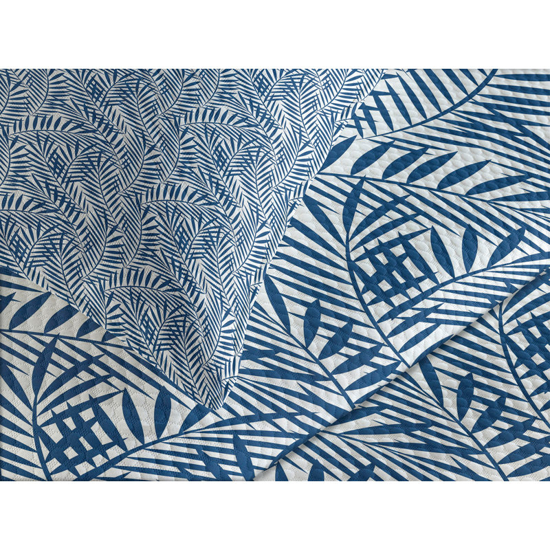 King White and Blue Quilted Bedspread Set with Pillow Shams