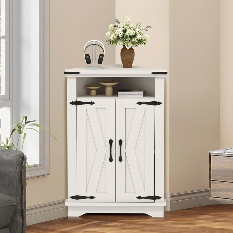 Small Corner Cabinet With Barn Doors, Adjustable Shelf, Farmhouse Bathroom Table With Storage, White