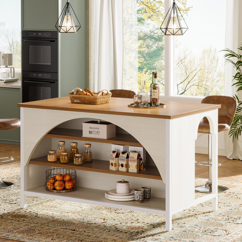 Kitchen Island With 3 Storage Shelves, 55 Inch Farmhouse Kitchen Shelf Bar Table With Large Worktop, White