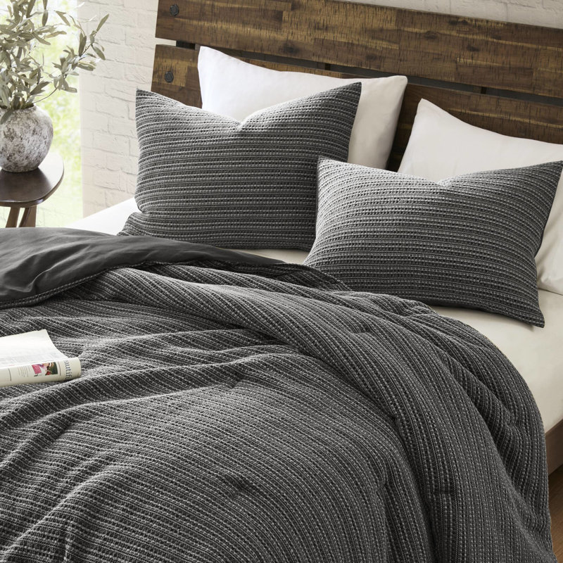 3 pièces d'édredon très grand / très grand, lavé aux gaufres, texture unique, arrangement, surdimensionné 100% coton, douceur rétro, rembourrage de haute qualité, gris anthracite toutes saisons, fils spéciaux, chaleur uniforme