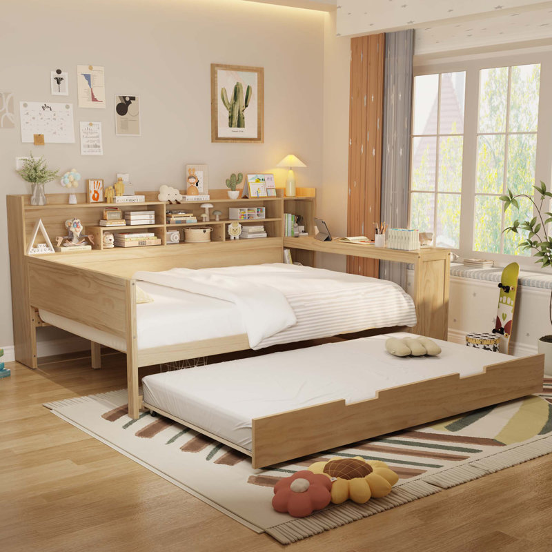 Lit de jour avec tablettes de rangement, lit multifonctionnel avec lit gigogne et bureau d'étude, Complet/Double, Naturel