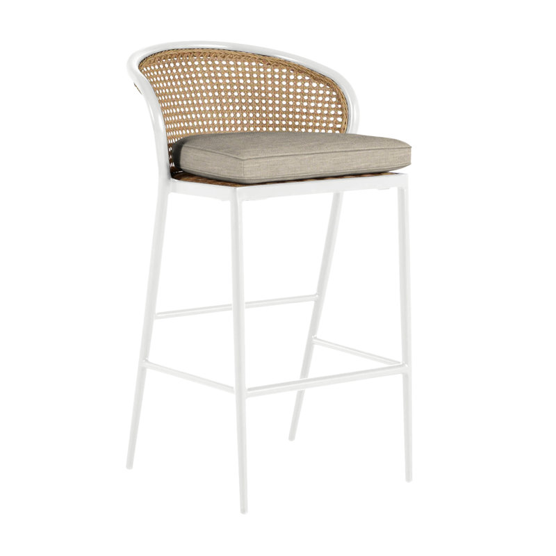Havana 29.75" Patio Bar Stool with Cushion, Welt, Chalk/Natural Cane, Intermix Indigo