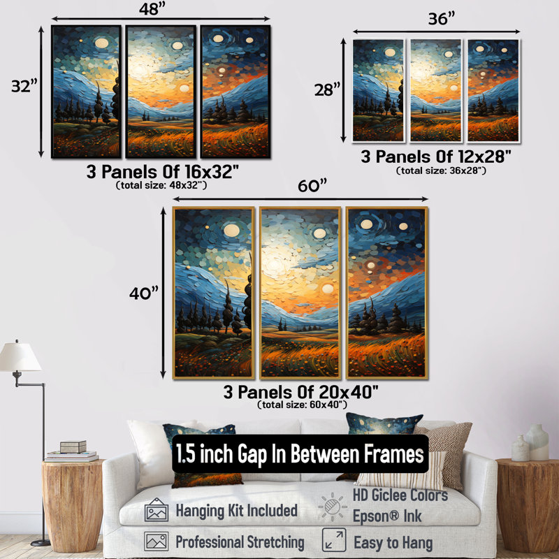 Ensemble d'art mural «The Swaying Cypress Pointillism II - Van Gogh», 28" H x 36" W, Reproduction avec cadre flottant