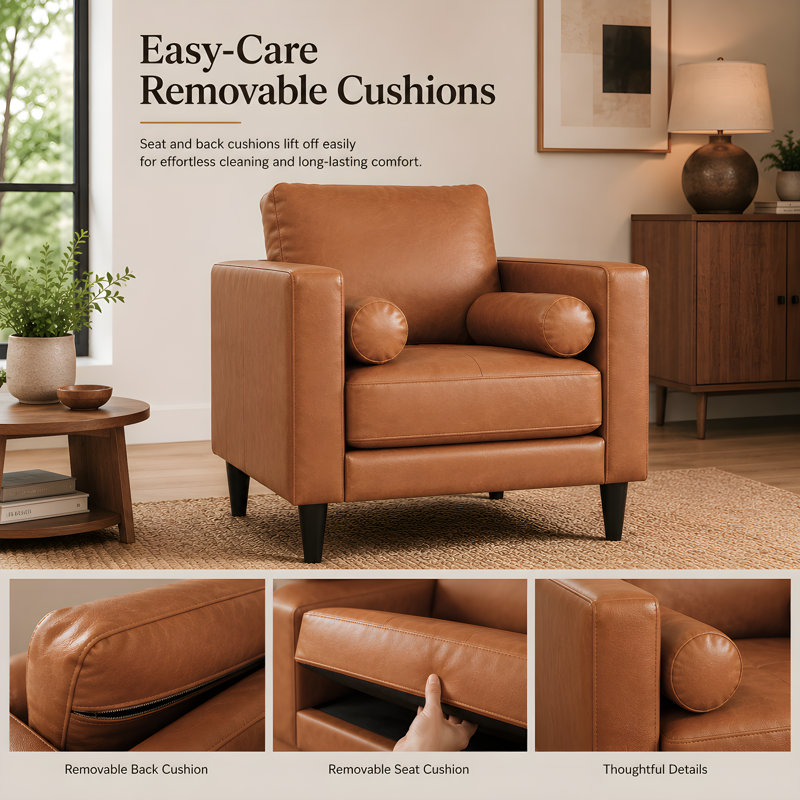 Esin Genuine Leather Mid-Century Accent Chair – Compact Single Sofa Chair for Urban Apartments, Home Office & Guest Rooms
