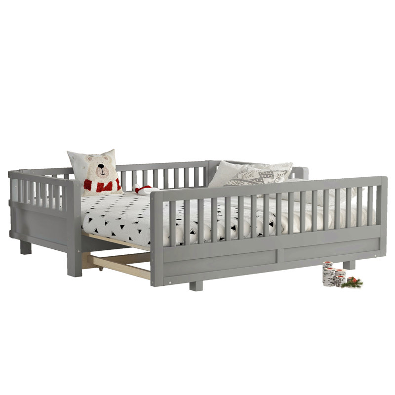 Twin Size Platform Bed With Guardrails, Solid Wood Twin Bed Frame, Can Be Converted Into A Double Twin Platform Bed, Gray