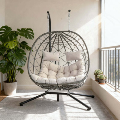 Fauteuil à œufs suspendu pliable et résistant aux intempéries pour 2 personnes avec support et coussin