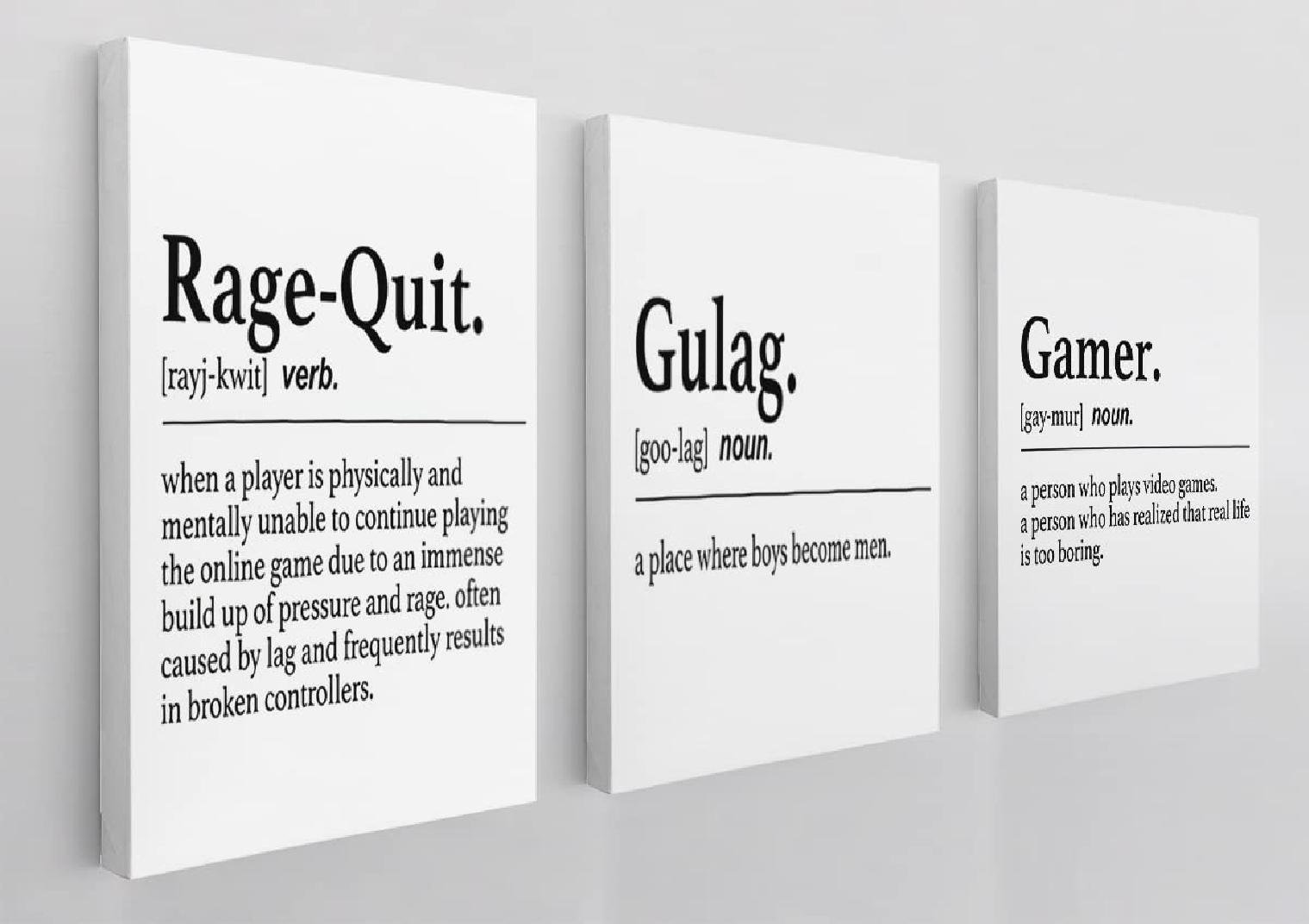 Rage-Quit Definition Gulag Definition Gamer Definition On Canvas 3 Pieces  Textual Art