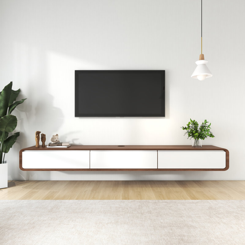 Meuble télé flottant Blosse, centre de divertissement avec 3 tiroirs, bois massif, entièrement assemblé, Brun foncé / blanc