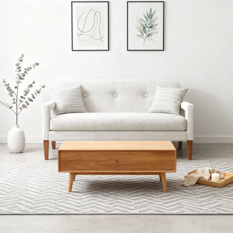 Causeuse en tissu d'ameublement en chenille beige avec pieds en bois massif