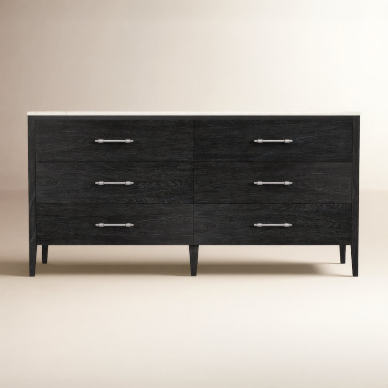 Mayfair 6 Drawer Wood and Marble Dresser, Washed Black/Ivory