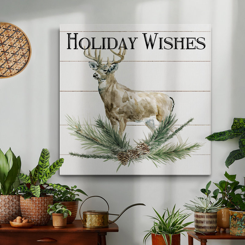 «Holiday Wishes Deer» - Toile tendue avec châssis de qualité supérieure - prête à être accrochée