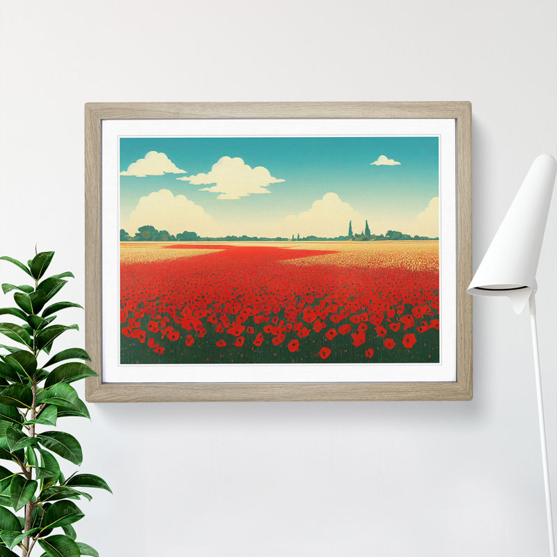 XH1022-7605X Sacred Poppy Field Flowers - Single Picture Frame Painting, 46cm H x 64cm W x 2cm D, Oak 