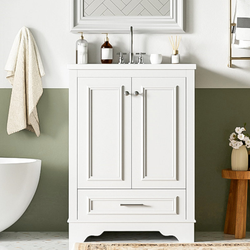 Meuble-lavabo 24 po avec lavabo en céramique, armoire de rangement autoportante moderne avec poignées argentées, portes à fermeture douce, rangement pour salle de bain