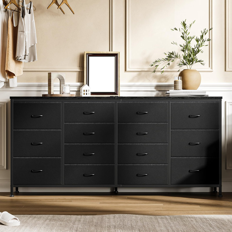 Meuble télé 63 po avec 14 tiroirs en tissu, commode longue pour téléviseur jusqu'à 75 po, centre de divertissement avec prise de courant