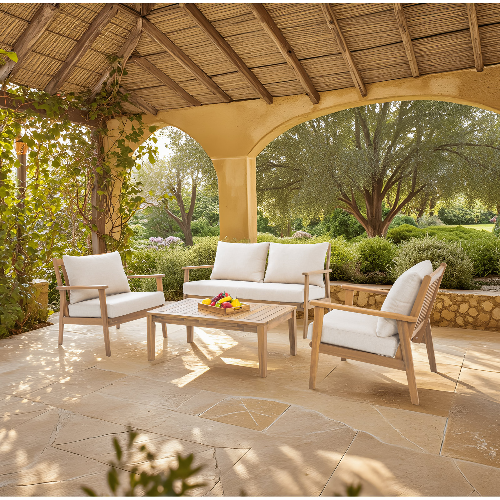 Weslyn 5-Person Acacia Complete Patio Set, 4 Pcs: 2 chairs, 35'W coffee table, and love seat