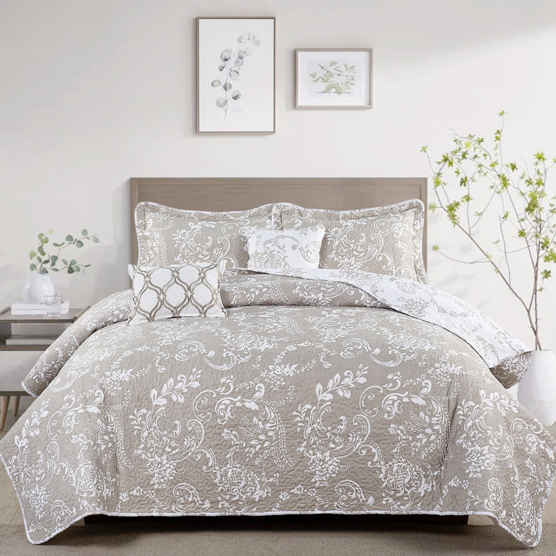 Ensemble courtepointe en microfibre imprimée de cinq articles LA Boheme, Taupe