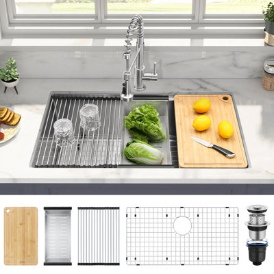 Évier de cuisine encastrable 33 po x 19 po Wilmall, évier de cuisine à cuve simple en acier inoxydable de calibre 16 avec crépine, grand évier de station de travail de 10 po de profondeur
