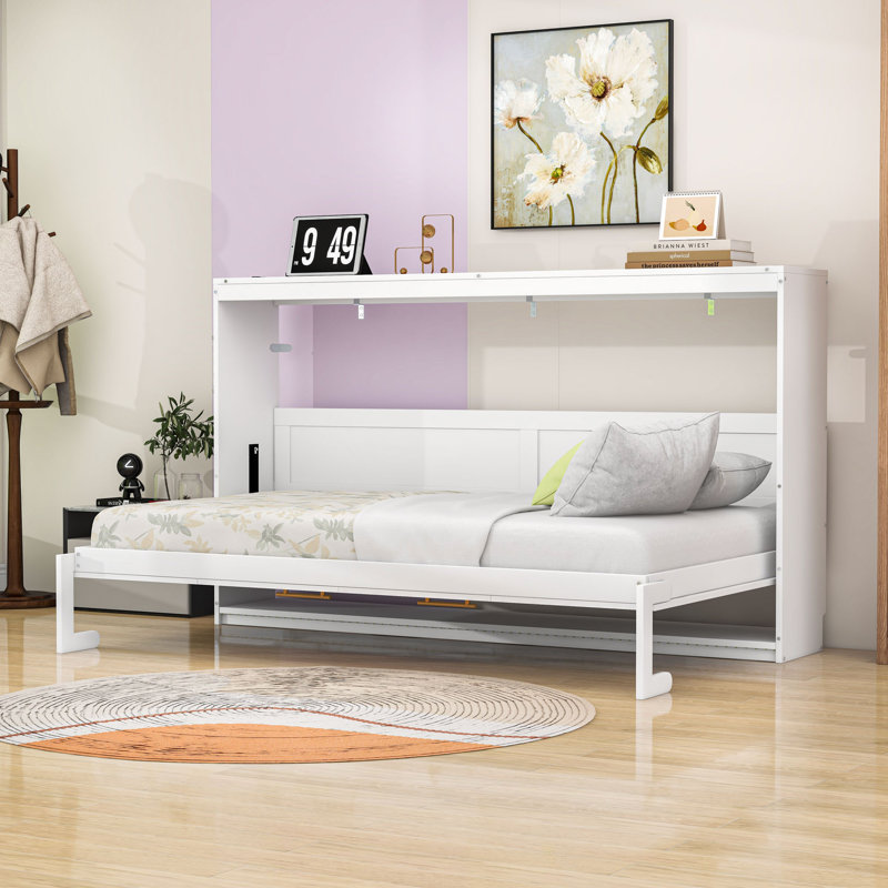 Lit escamotable en bois avec lumières DEL et station de charge, Lit simple, Blanc