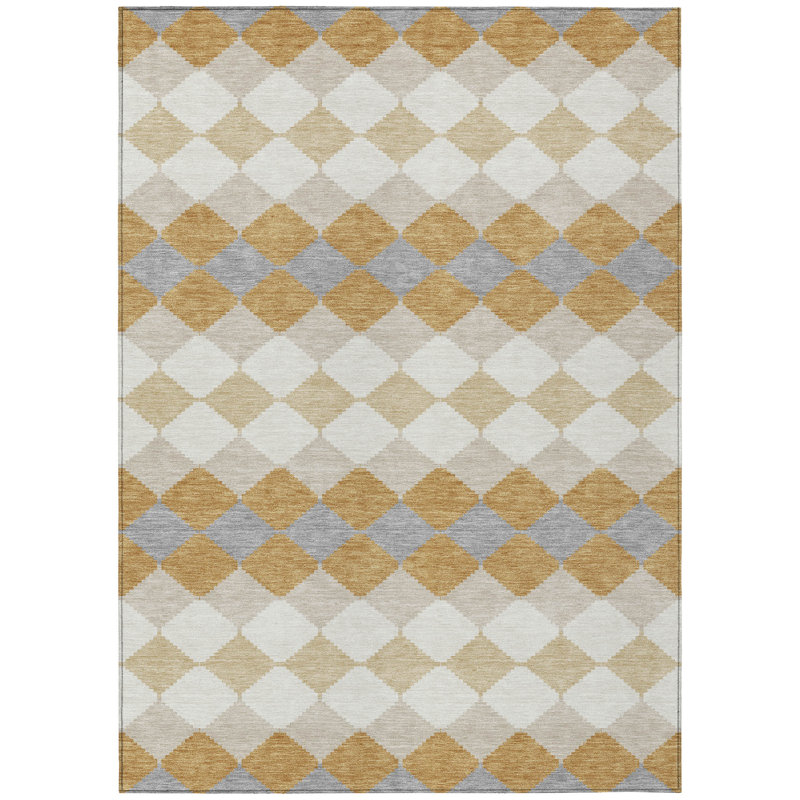 Gold and Gray Diamond Pattern Washable Area Rug