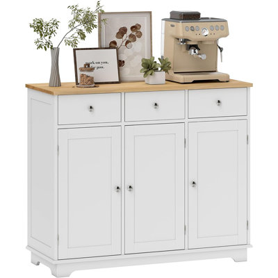 Sideboard With Solid Wood Countertop, Coffee Bar Cabinet With Drawers & Doors, White
