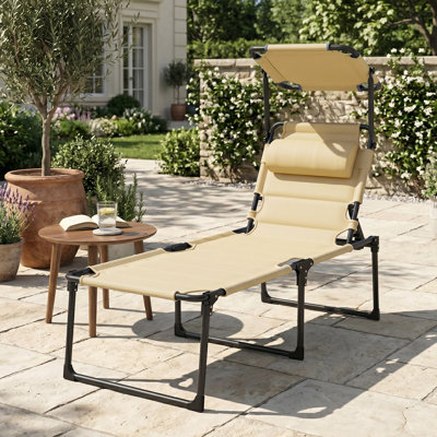 Méridienne inclinable, méridienne pliante d'extérieur, dossier réglable à 4 positions, avec toit pare-soleil et coussin