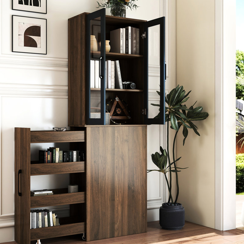 2 Glass Doors, 70.1" H, 4 Tier, Multi-Functional Pull-Out, Display Cabinet, Office, Living Room, Kitchen Storage H Cabinet With Tier Shelf And Doors For Office Dinning Room