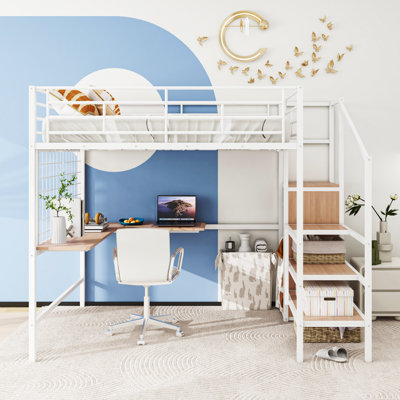 Full Size Metal Loft Bed With Desk And Metal Grid, Stylish Metal Frame Bed With Lateral Storage Ladder And Wardrobe by Mason & Marbles