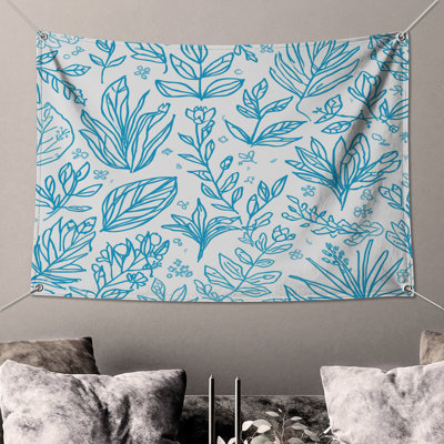 Blue Botanical Line Art Wall Tapestry - Botanical Wall Decor