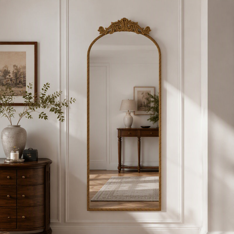 58"X24" Arched Full Body Mirror With Vintage Ornate Carved Applique On Top, Hanging Wall Mounted Mirror, For Living Room Bedroom Retro Home Decor Mirror