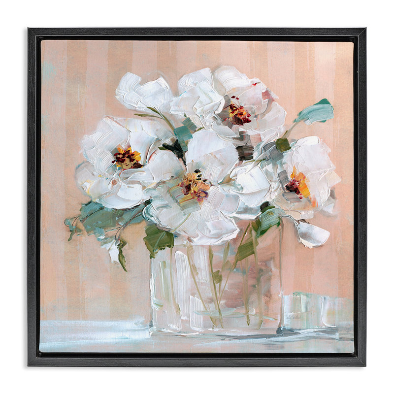 "White Florals on Pink", art mural sur toile flottante par Sally Swatland, Cadre flottant noir de jais, H 18 po x l 18 po