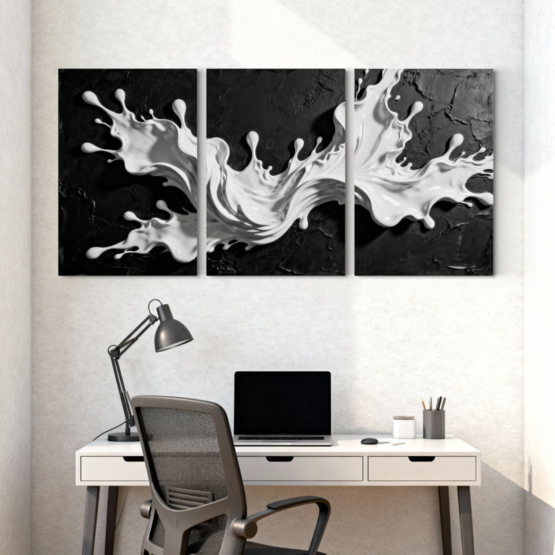 Abstrait éclaboussure blanche sur fond noir, ensemble de 3 reproductions d'art sur toile, H 24 po x l 48 po