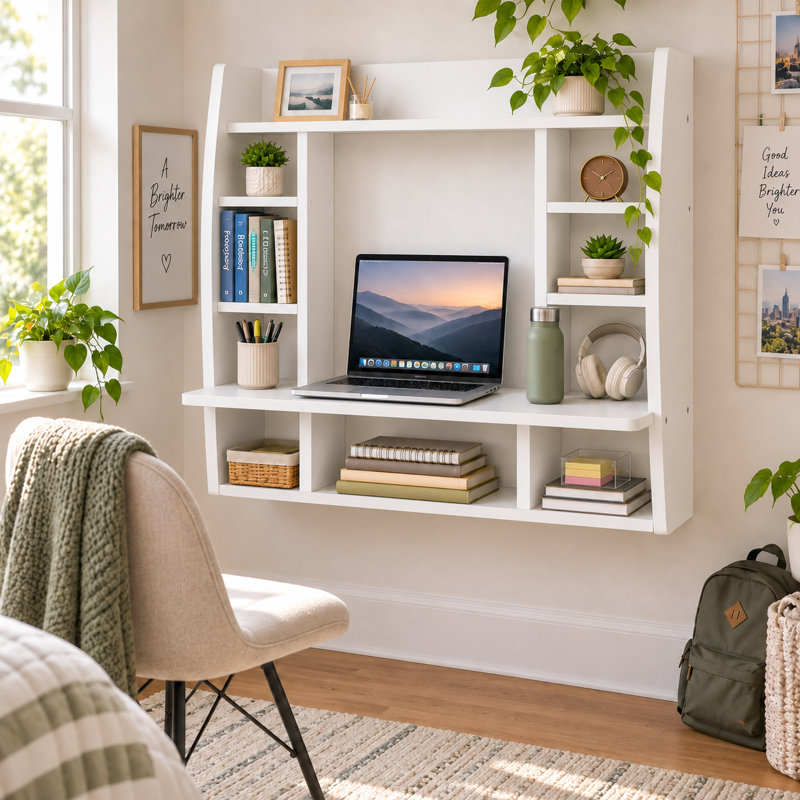 White Floating Wall-Mount Desk with Shelves, Space-Saving Laptop Workstation for Writing, Study, Bedroom, Living Room, Office
