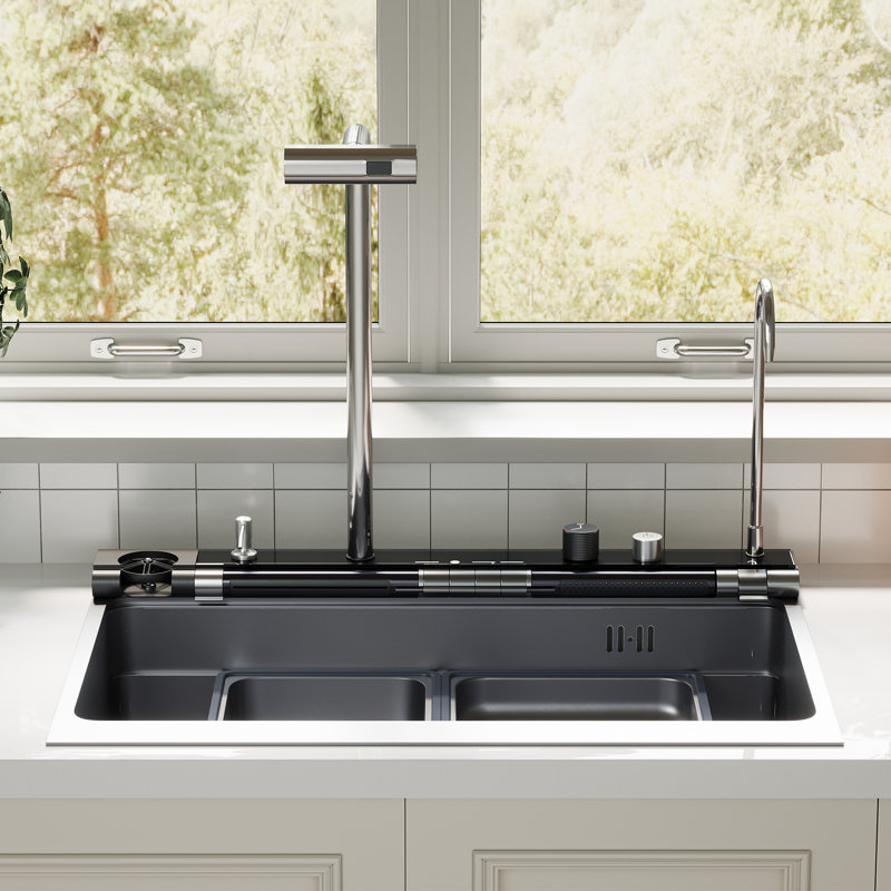 29.6" Drop-In Workstation Kitchen Sink with Faucet, Single Bowl Stainless Steel