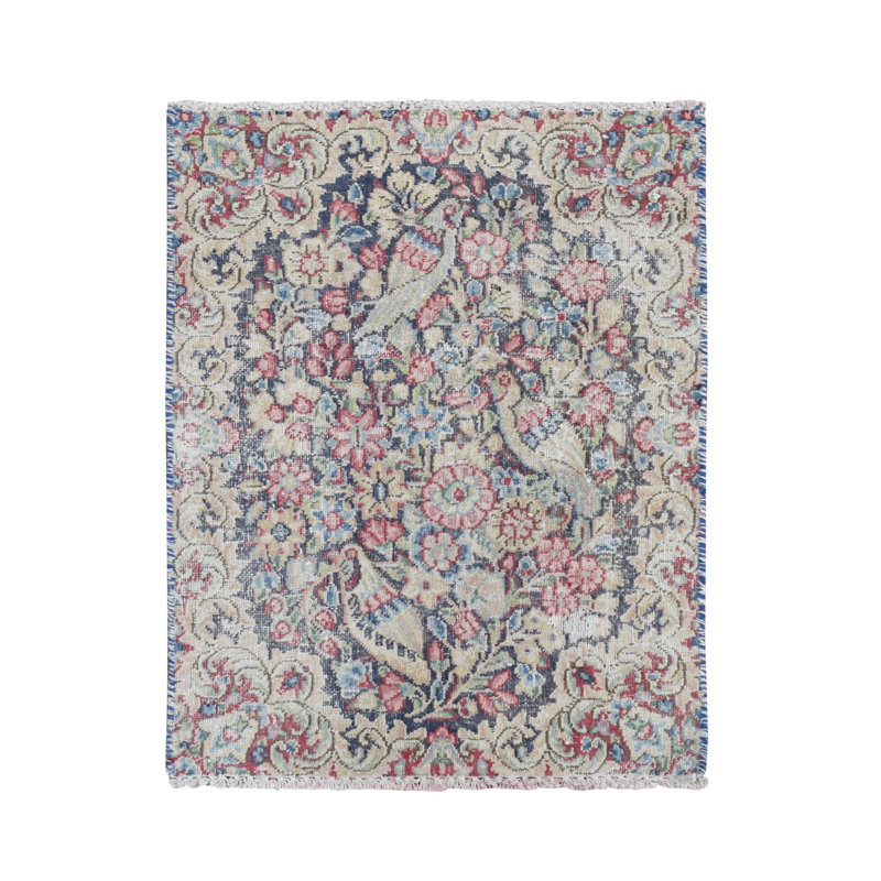 Tapis rectangulaire en laine unique des années 1960 de 1 pi 6 po x 2 pi Capree Bleu