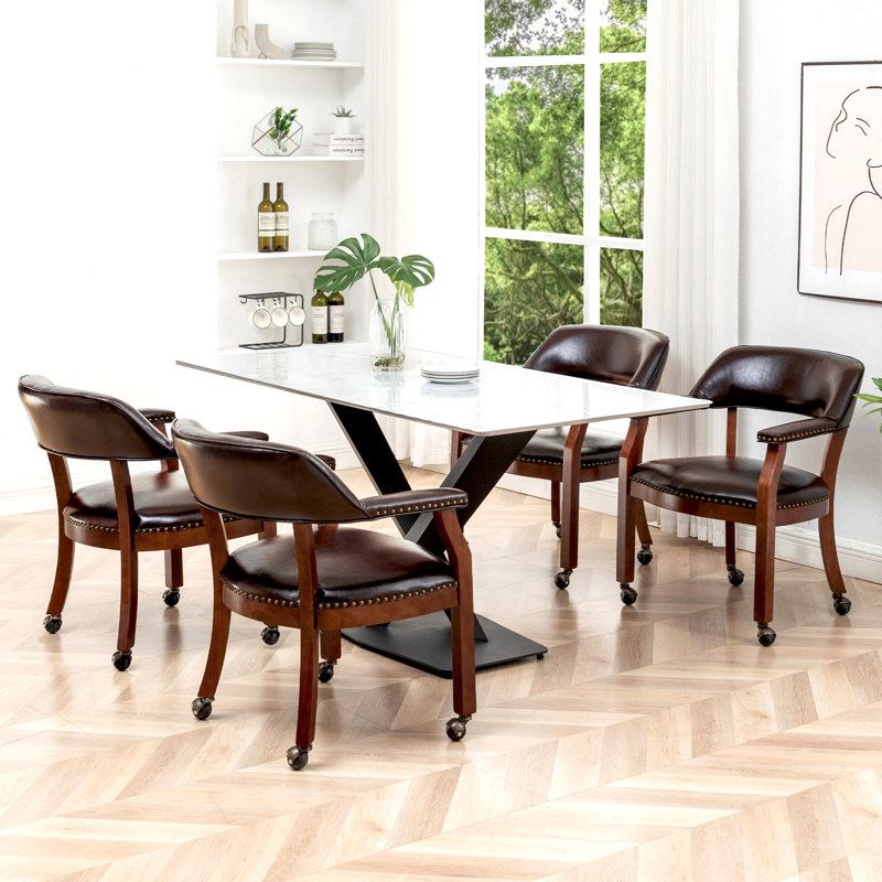 Arlex Vegan Leather Dining Chairs with Casters and Arms, Espresso 