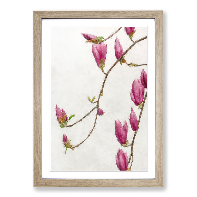 Pink Floral Flowers - Picture Frame Graphic Art Print, 63cm H x 45cm W x 2cm D, Oak Framed