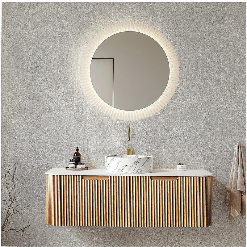 DINA 48" Bathroom Vanity with Sink, Wall-Mounted Curved Edges Striped Bathroom Storage Cabinet with 2 Drawers, White Round Ceramic Basin with Stone Pattern, Pre-assembled, Natural Woodgrain Color