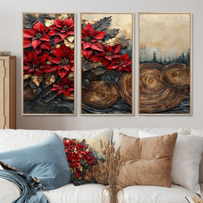 Fleurs de poinsettias rouges sur une glissade en bois I - art mural poinsettias - 3 panneaux