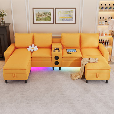4 Seat Sectional Sofa With Smart Module-bluetooth Speaker/rgb Light/charging Station, 120" Teddy Fleece Fabric Sectional Couches For Living Room