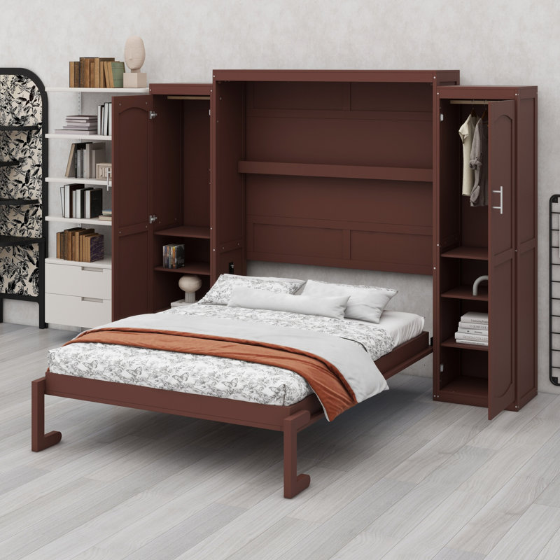 Lit escamotable en bois avec 2 garde-robe et tablette de rangement, Noyer